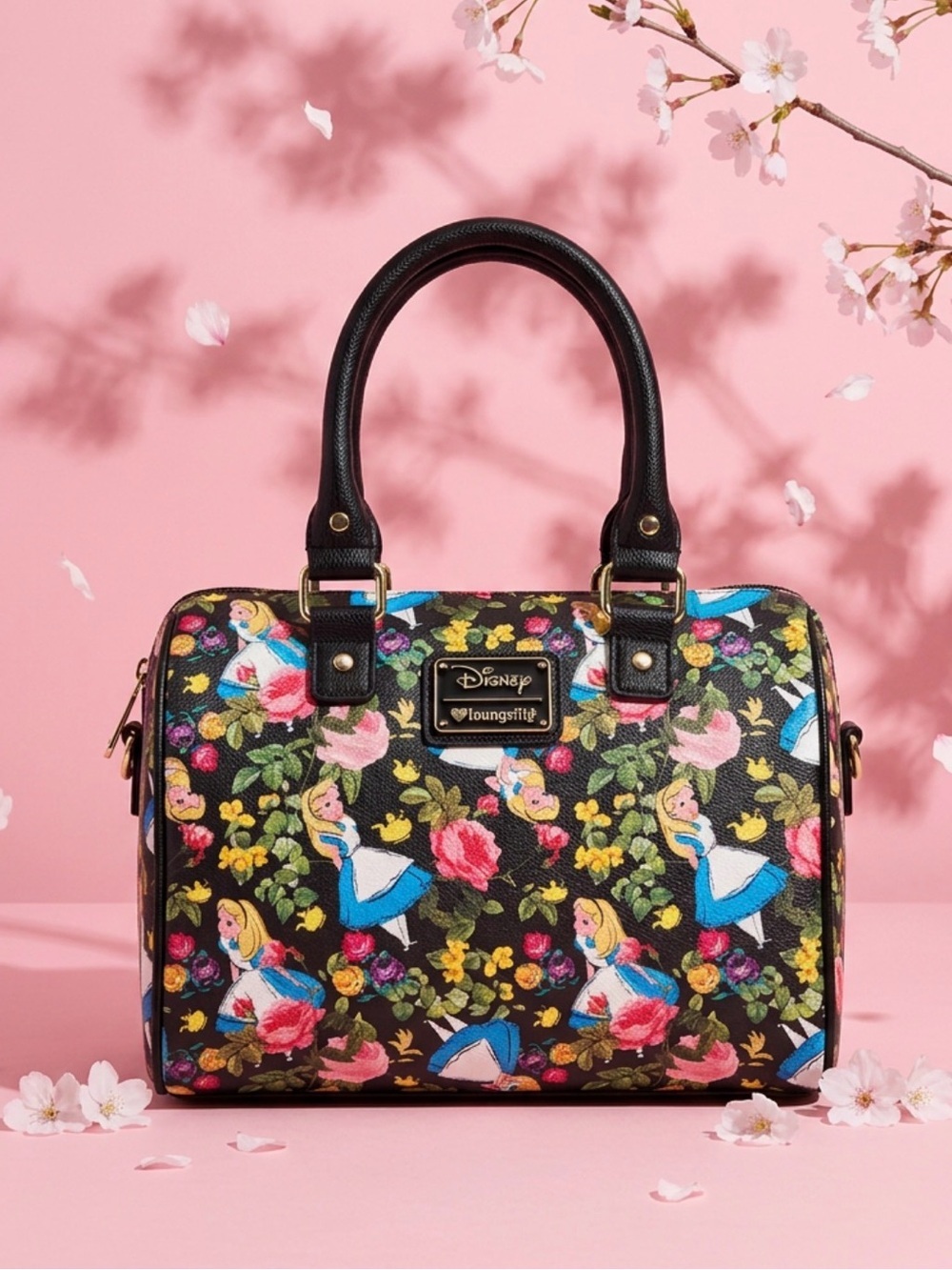 Rare Disney Floral Alice in Wonderland Satchel - Black with Blue & Pink Accents